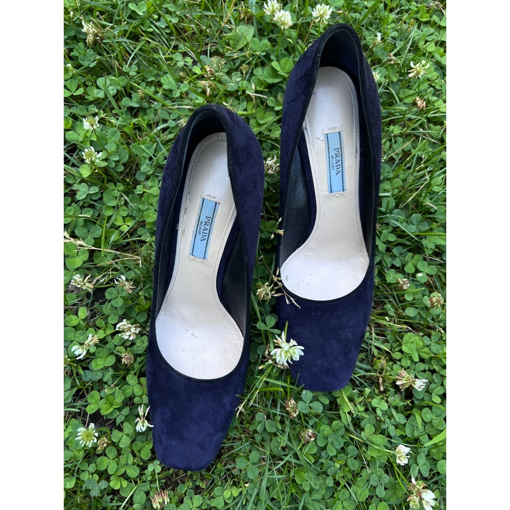 PRADA Calzature Donna Navy Blue Suede Block Heel Pumps Size 8.5